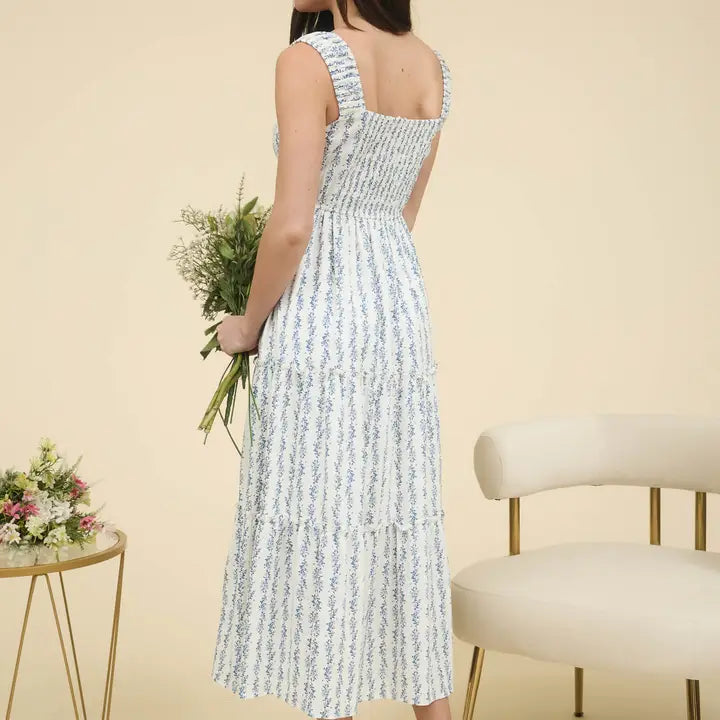 Floral Stripe Ruffle Detail Maxi Dress