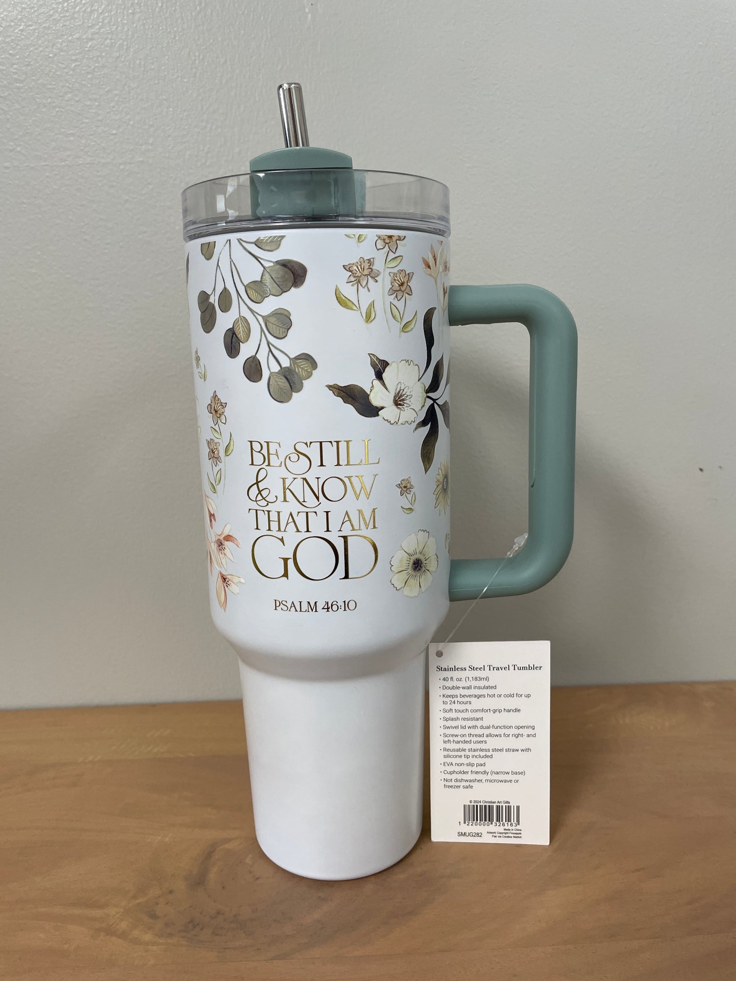 Green Tumbler w/ Metal Straw "Psalm 46:10"
