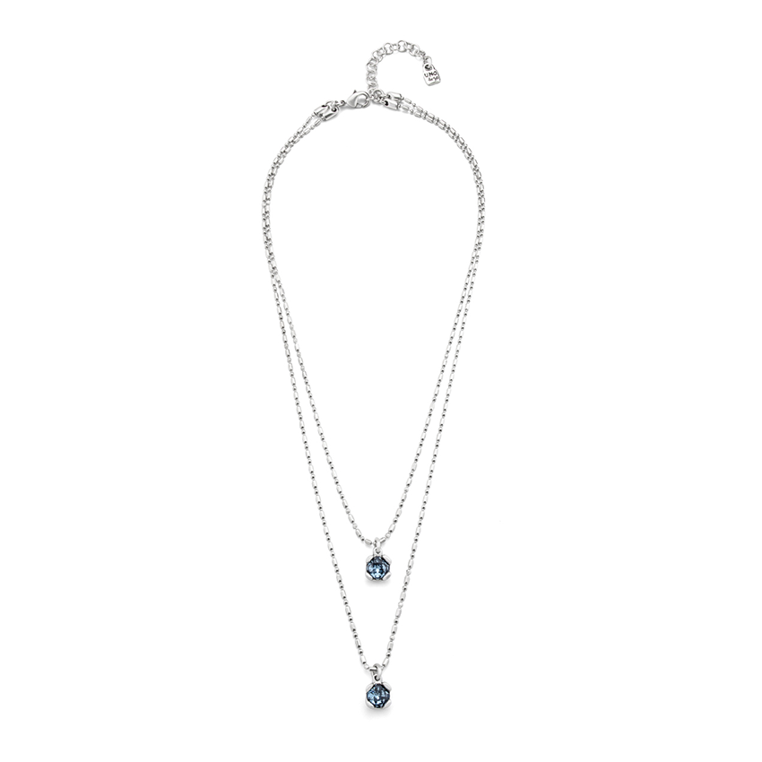 Sterling Silver Plated Double Chain Necklace with Blue Faceted Crystals
