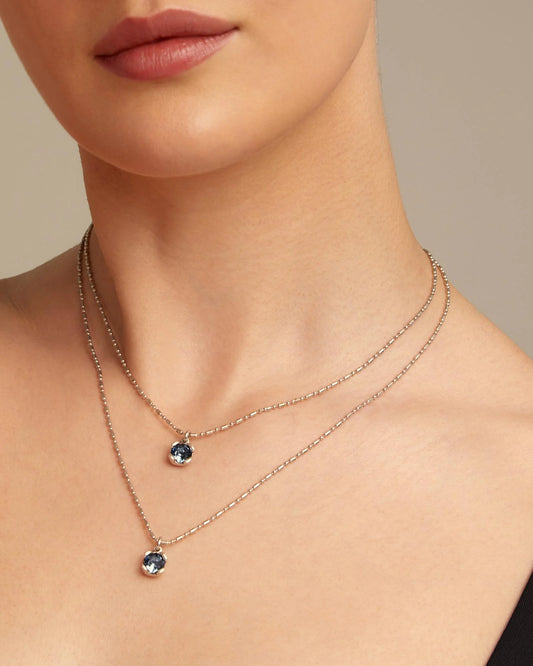 Sterling Silver Plated Double Chain Necklace with Blue Faceted Crystals