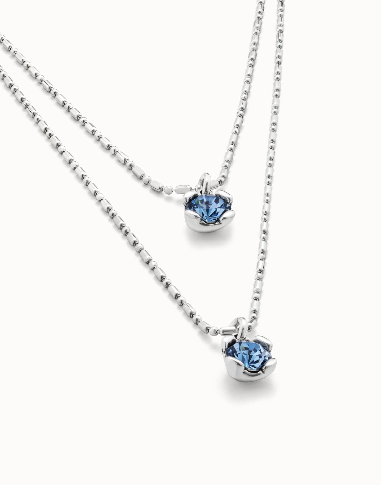 Sterling Silver Plated Double Chain Necklace with Blue Faceted Crystals