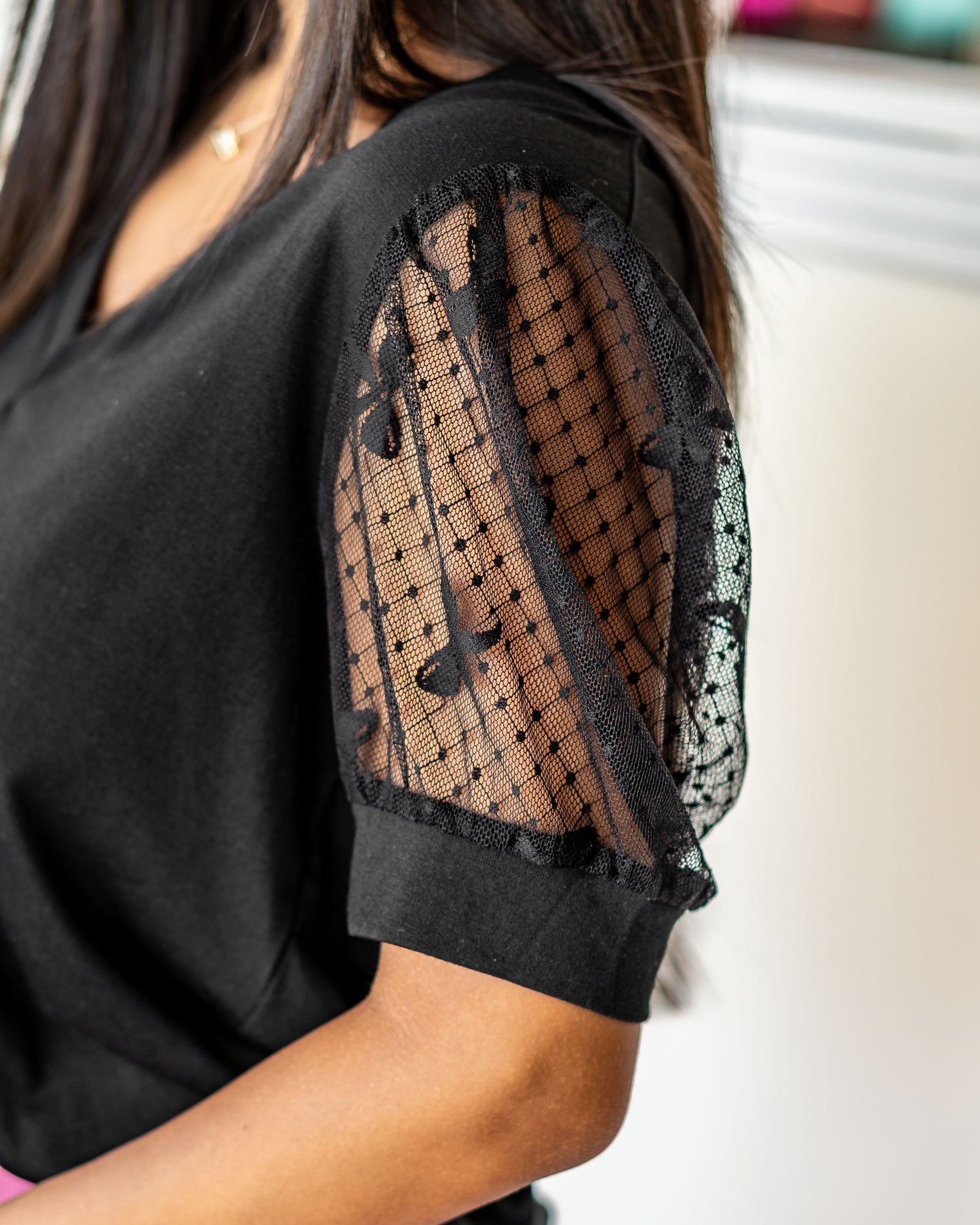 Cutie V Neckline Sheer Mesh Short Sleeves Top