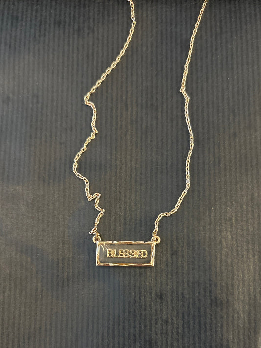 Gold Rectangular Bar Encasing Blessed Necklace