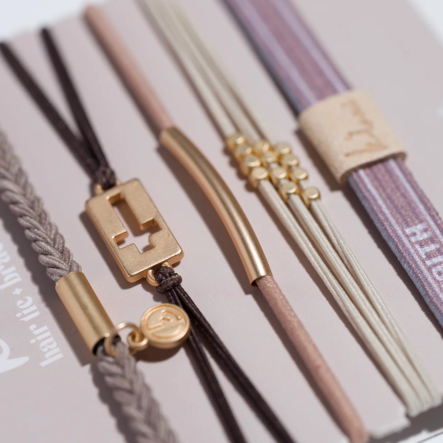 "Faith" Warm Neutrals w Gold Cross Hair Tie Bracelets L