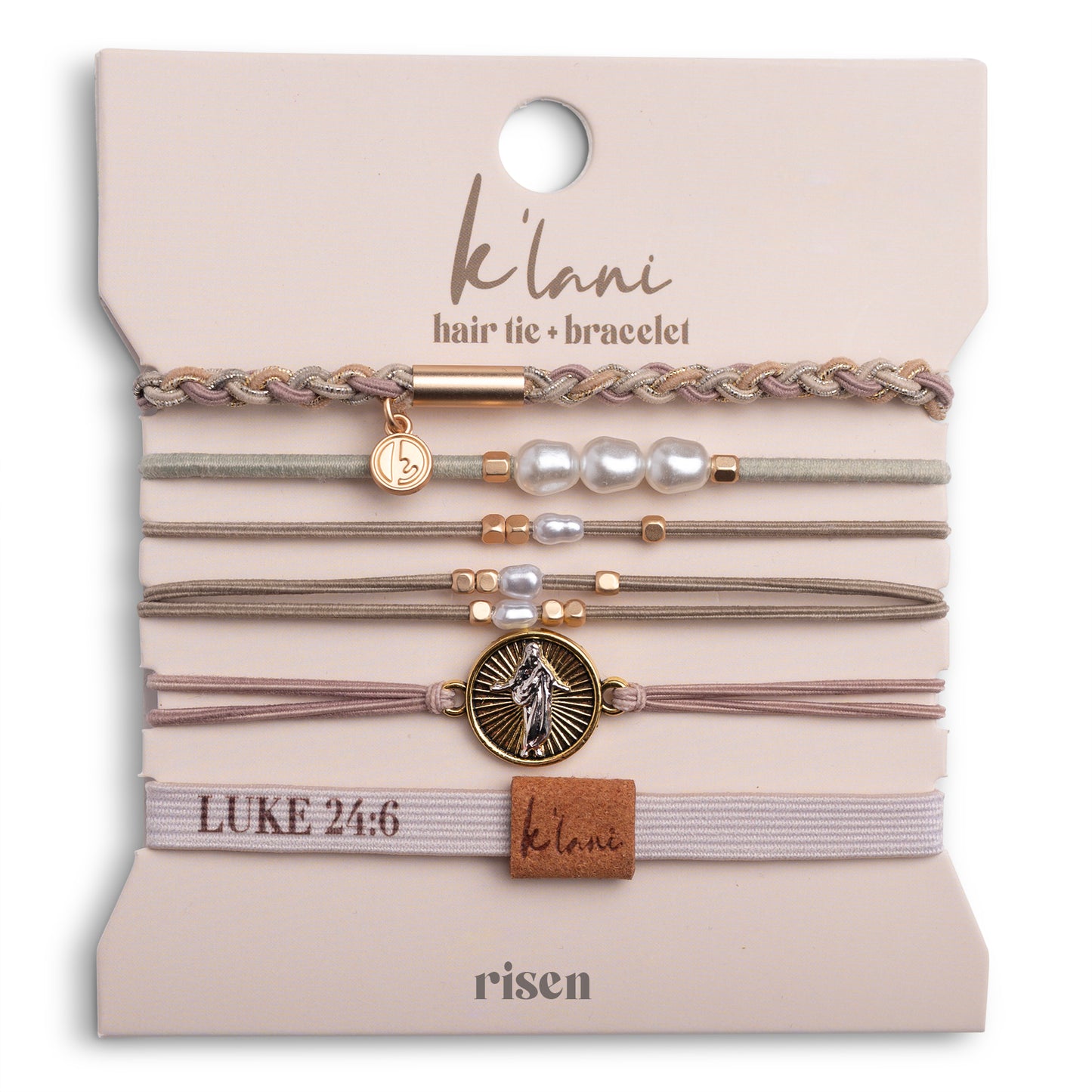 "Risen" Warm Neutrals w Gold Christus Hair Tie M