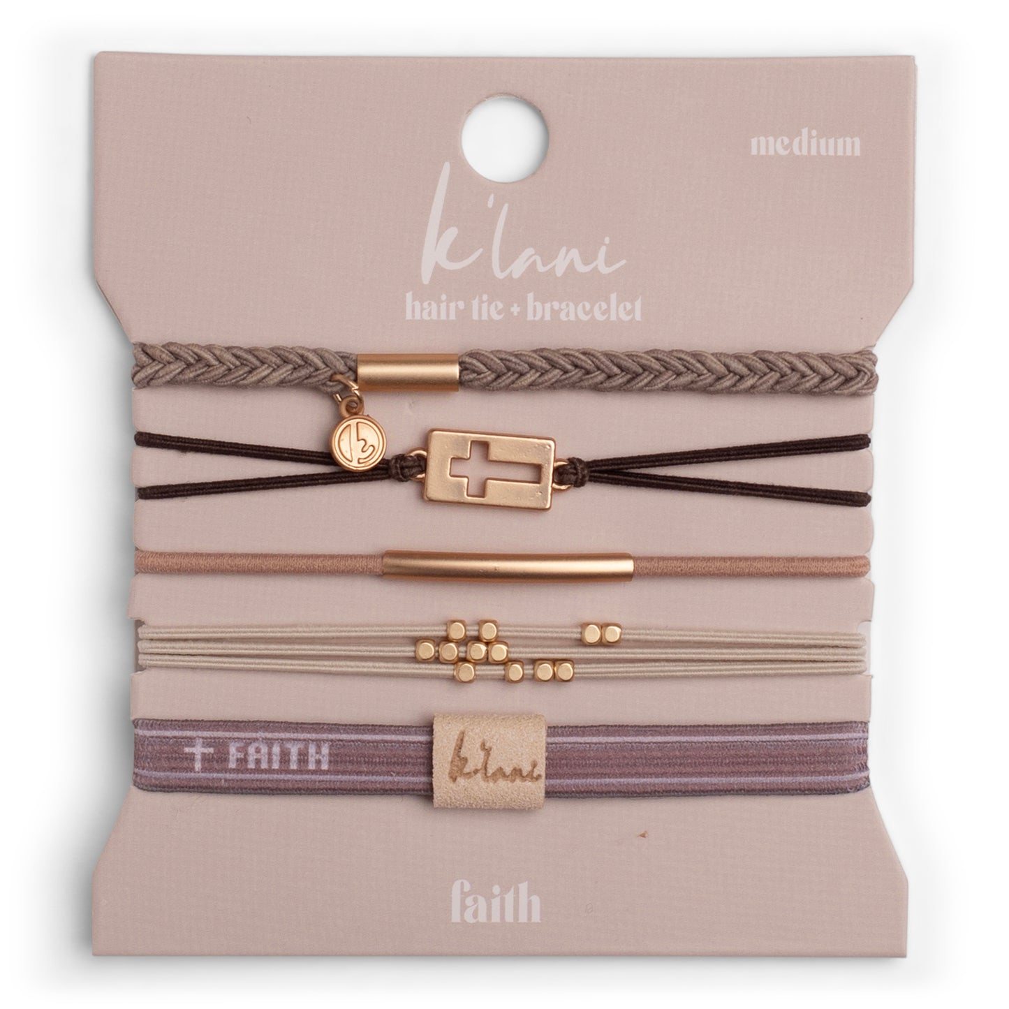 "Faith" Warm Neutrals w Gold Cross Hair Tie Bracelets M
