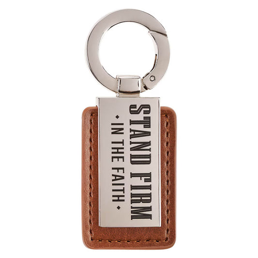 Stand Firm in the Faith Honey-brown Faux Leather and Silver Metal Keychain - 1 Corinthians 16:13