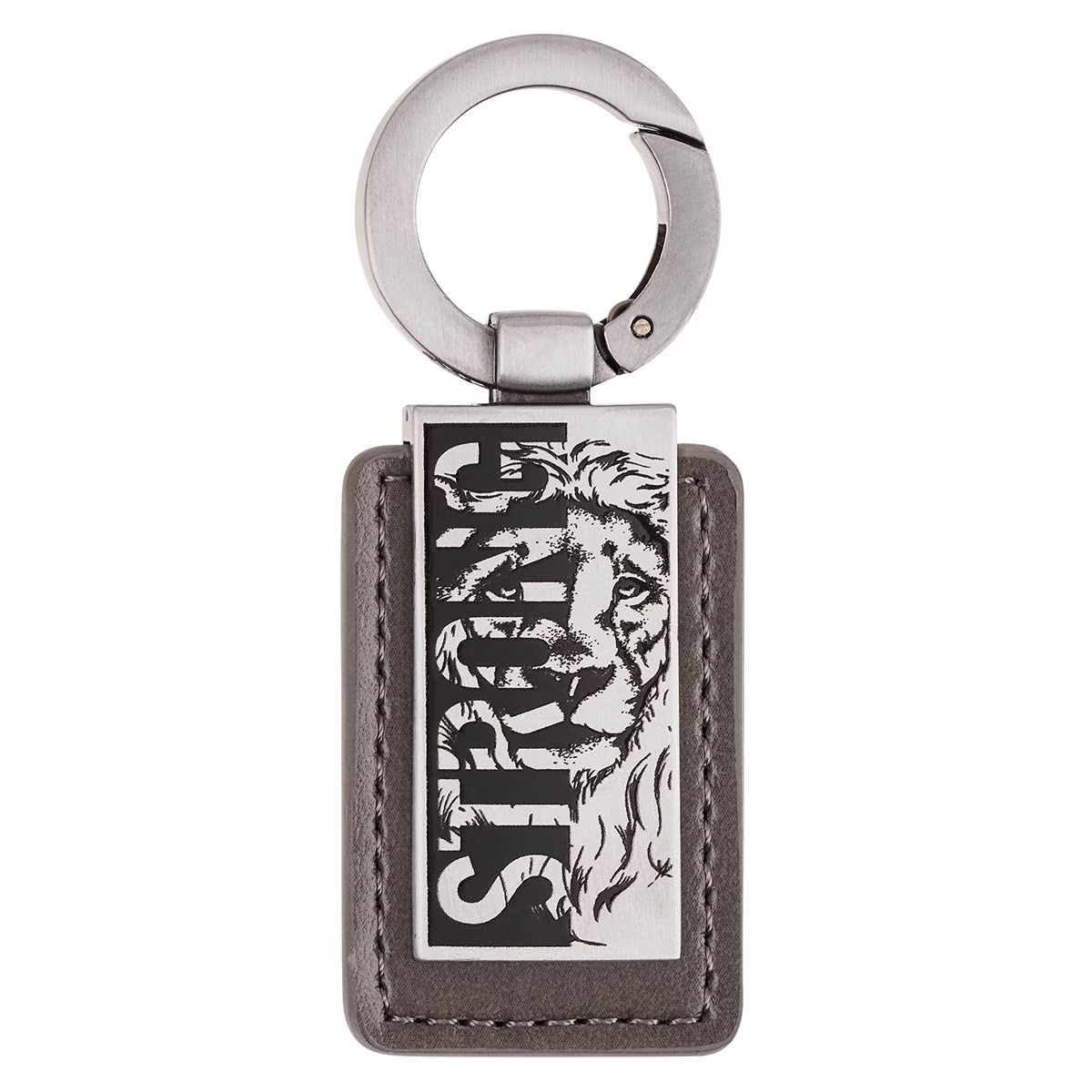 Strong Lion Gray Faux Leather and Silver Metal Keychain - Joshua 1:9