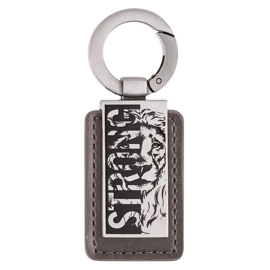 Strong Lion Gray Faux Leather and Silver Metal Keychain - Joshua 1:9