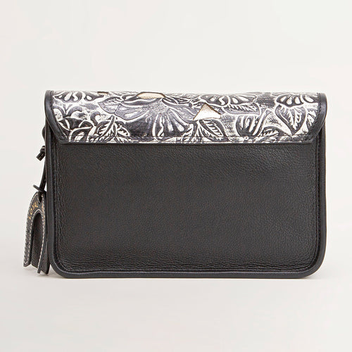 SHELL MEDIUM PURSE - BLACK FLORAL LEATHER & GLOSSY