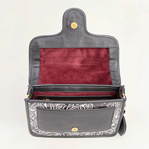SHELL MEDIUM PURSE - BLACK FLORAL LEATHER & GLOSSY