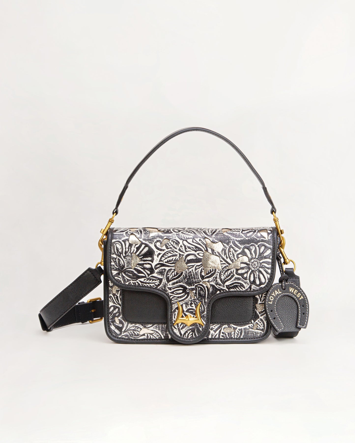 SHELL MEDIUM PURSE - BLACK FLORAL LEATHER & GLOSSY