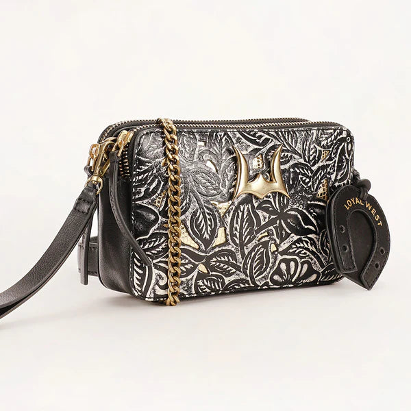 SHELL MINI PURSE - BLACK FLORAL LEATHER & GLOSSY C