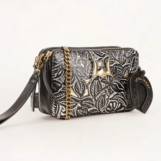 SHELL MINI PURSE - BLACK FLORAL LEATHER & GLOSSY C