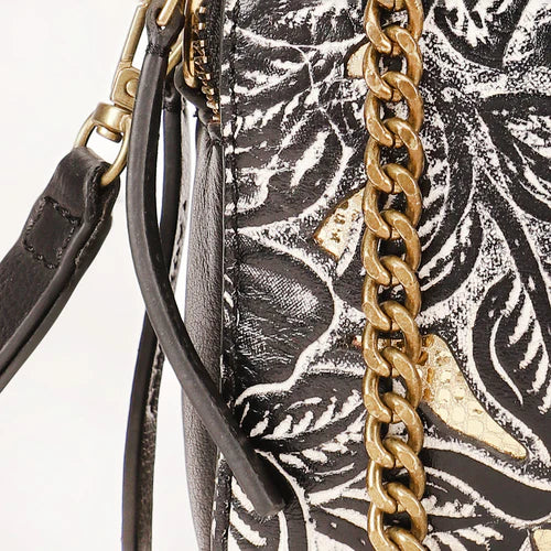SHELL MINI PURSE - BLACK FLORAL LEATHER & GLOSSY C