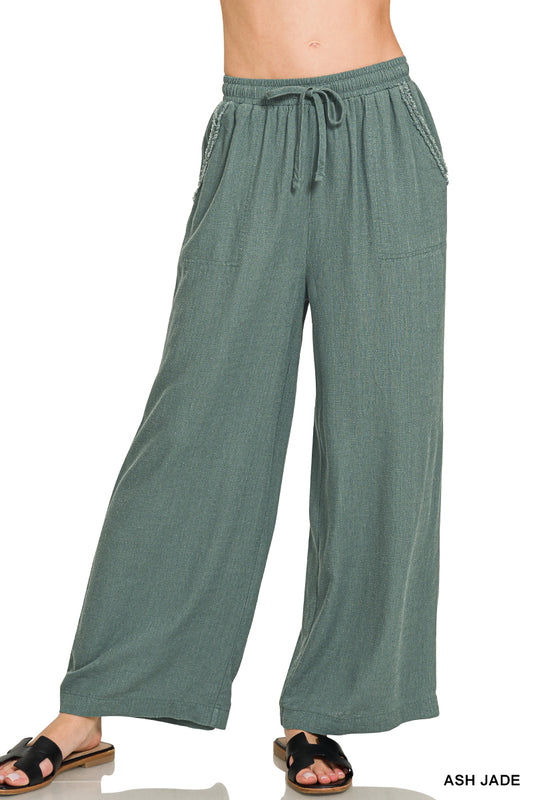 Wide-leg linen blend pants with pockets
