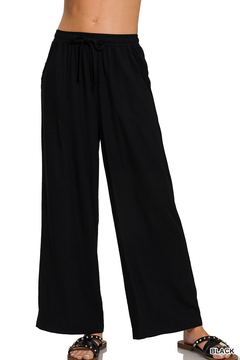 Wide-leg linen blend pants with pockets