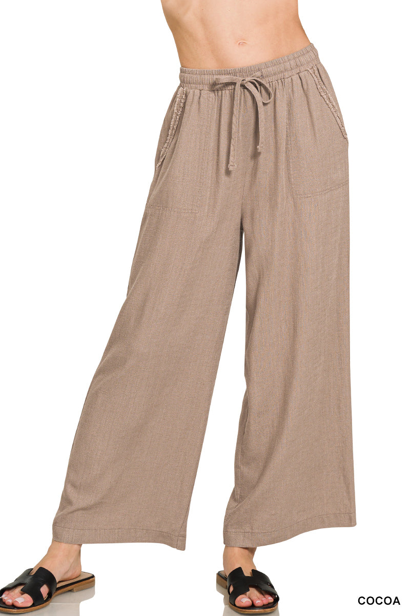 Wide-leg linen blend pants with pockets