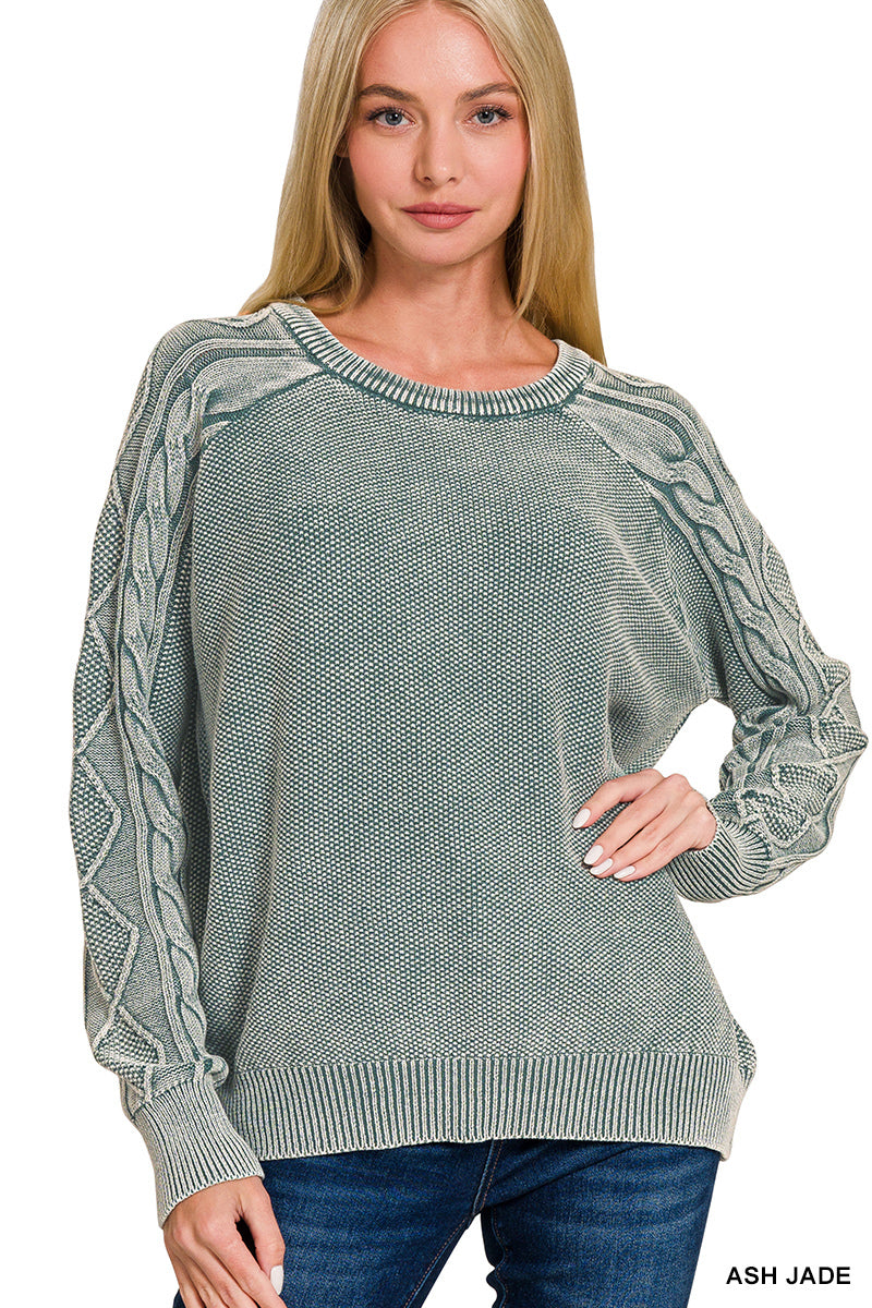 Cable-Sleeve Crewneck Sweater