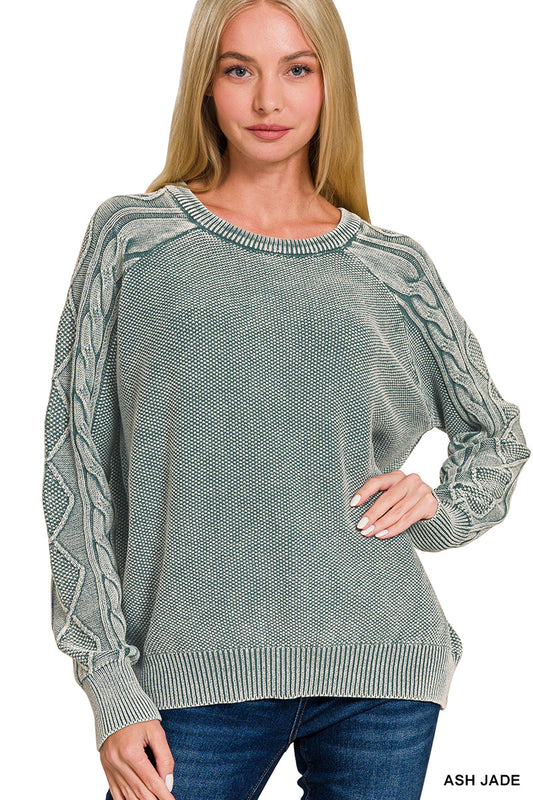 Cable-Sleeve Crewneck Sweater