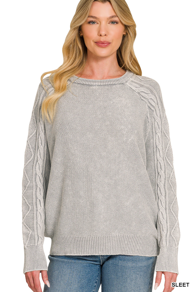 Cable-Sleeve Crewneck Sweater