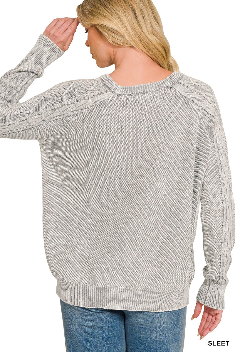 Cable-Sleeve Crewneck Sweater