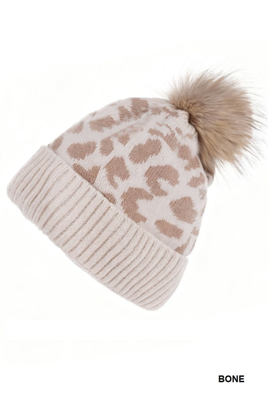 Leopard pattern knit pom pom beanie