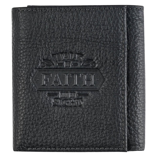 Christian Art Gifts Walk by Faith Black Genuine Leather Wallet - 2 Corinthians 5:7