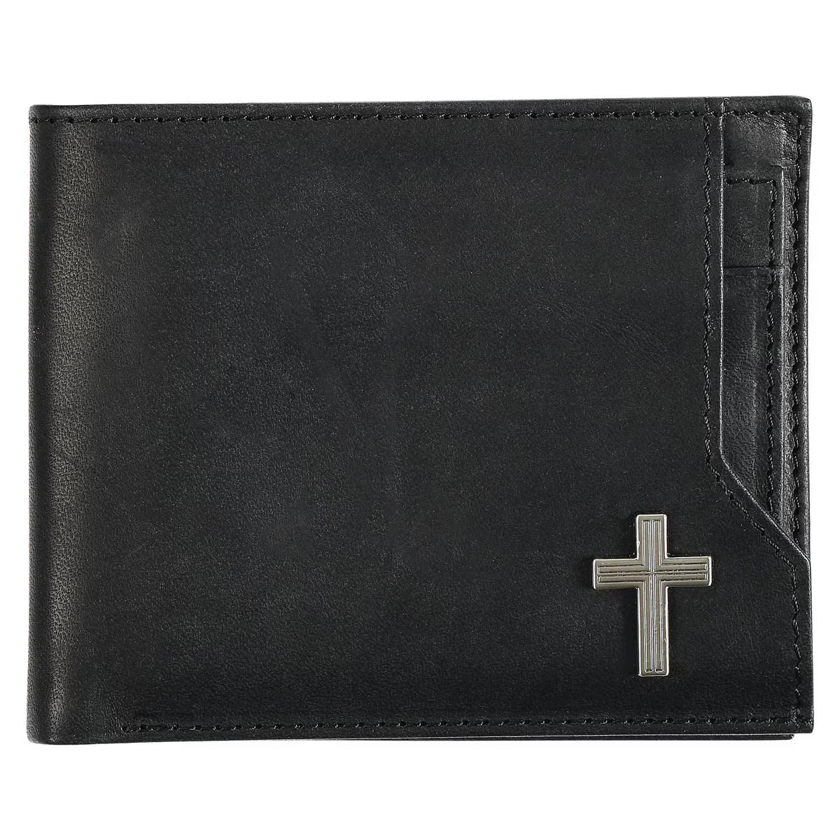 Christian Art Gifts Silver Cross Black Genuine Leather Wallet