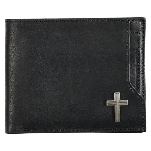 Christian Art Gifts Silver Cross Black Genuine Leather Wallet