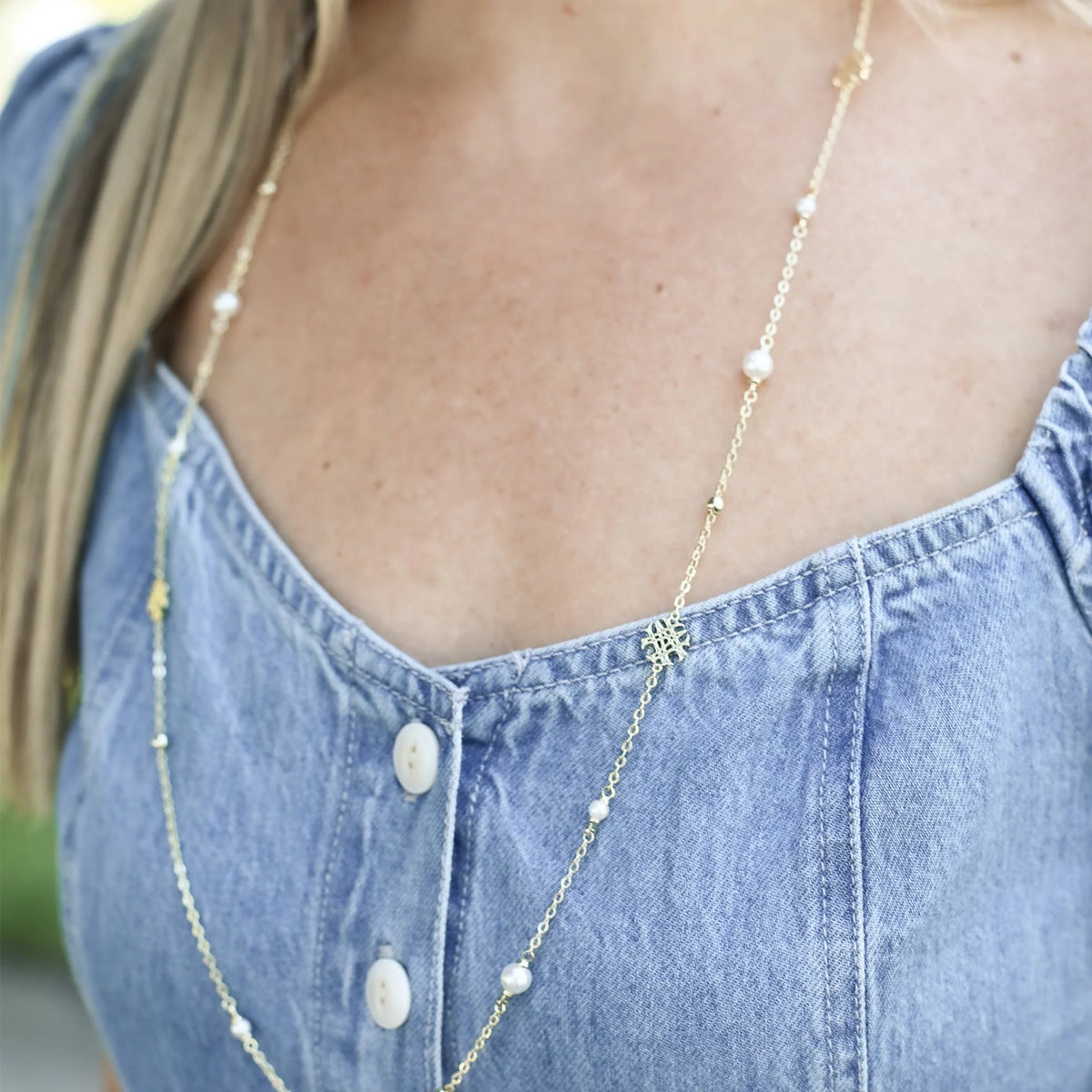 Adorned Pearl Logo Station Necklace Gold