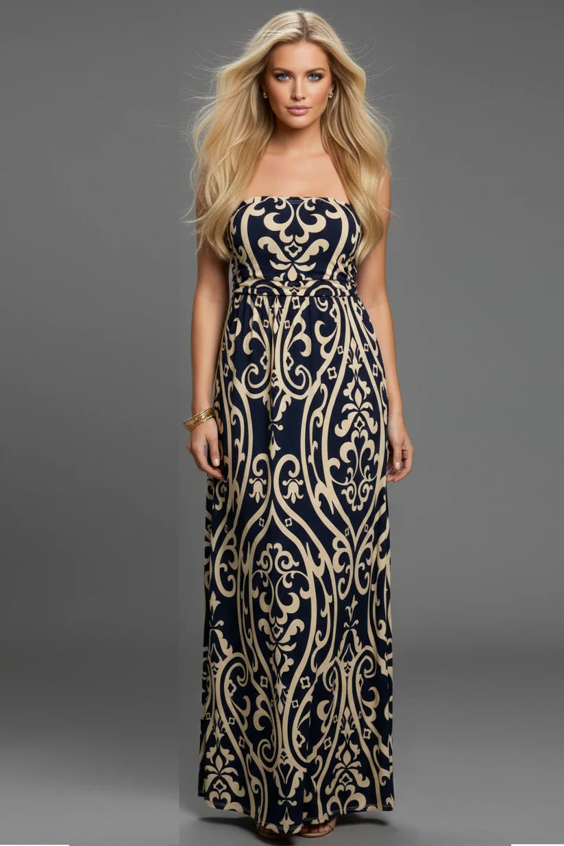 Navy & Tan Maxi Dress with side pockets