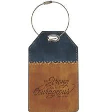 Strong and Courageous Butterscotch and Navy Faux Leather Luggage Tag - Joshua 1:9